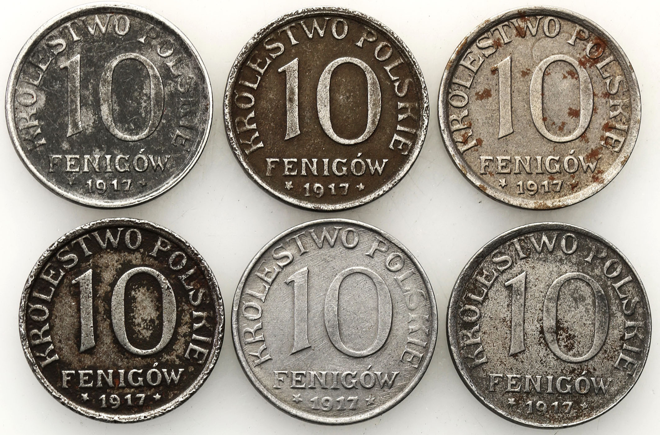 Królestwo Polskie. 10 fenigów 1917 NAPIS BLIŻEJ OBRZEŻA, zestaw 6 monet